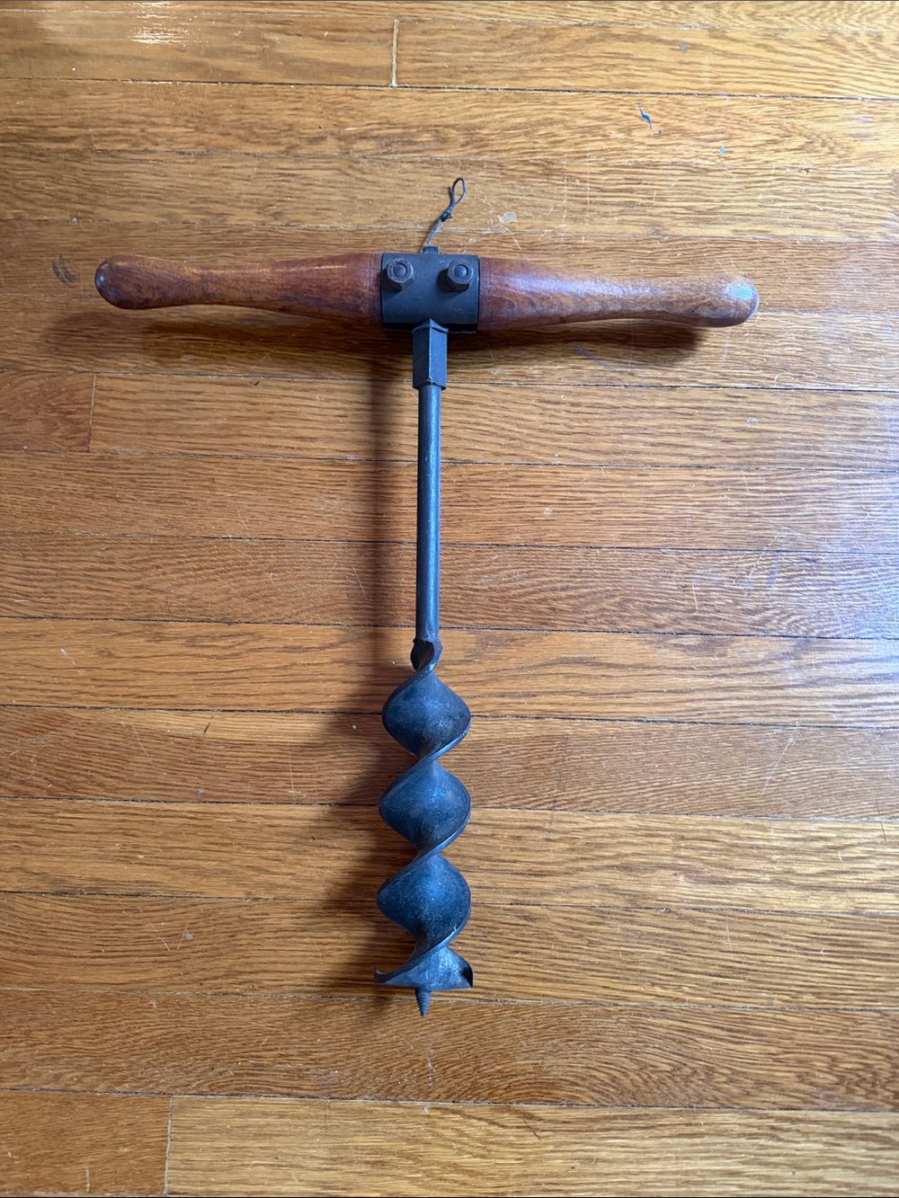 Antique Hand Auger Drill with Wooden T-Handle.
